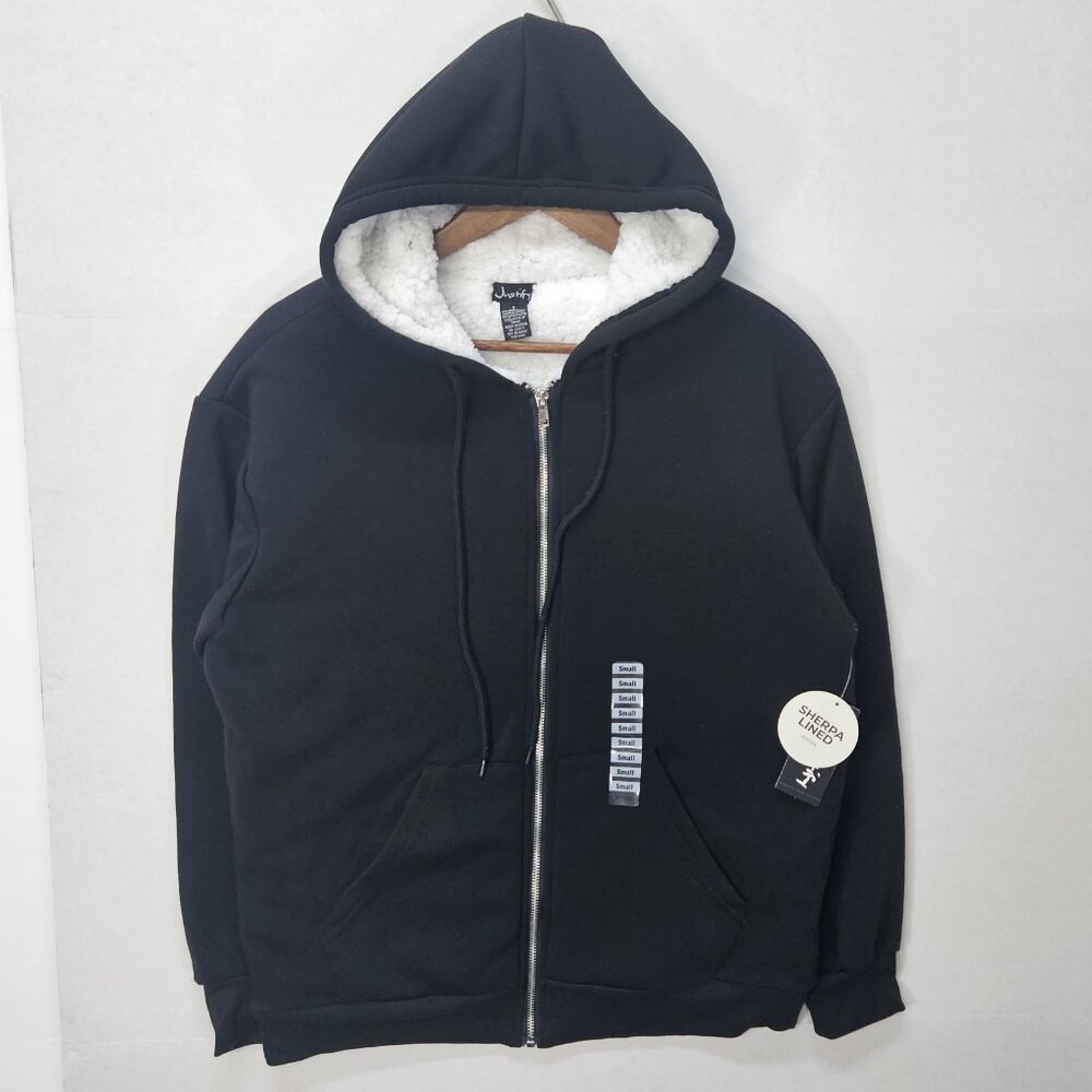 Justify Unisex Black Hooded White Sherpa Jacket Size S Adult Full Zip-Up
